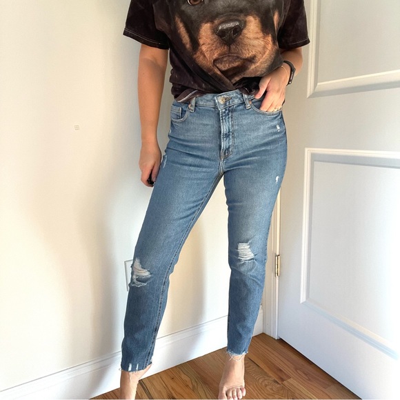 High Waist Stretch Medium Blue Crop Jeans - Picture 2 of 8